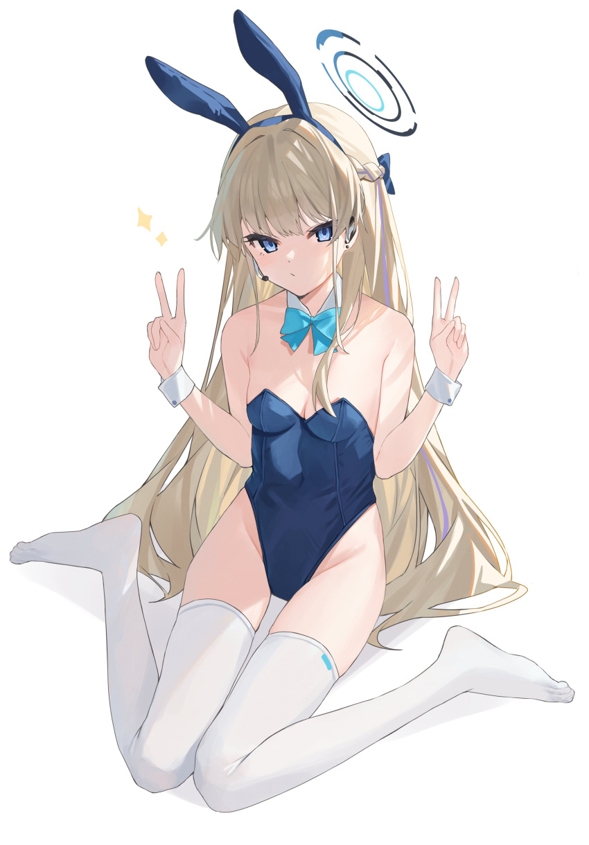1girl absurdres animal_ears bare_shoulders blonde_hair blue_archive blue_bow blue_eyes blue_hair blue_leotard bow braid breasts cleavage detached_collar double_v earphones earrings full_body hair_bow halo highleg highres jewelry leotard long_hair looking_at_viewer medium_breasts multicolored_hair playboy_bunny rabbit_ears sitting sparkle thighhighs toki_(blue_archive) toki_(bunny)_(blue_archive) v wariza white_background white_thighhighs wrist_cuffs xiao_lin_jiu