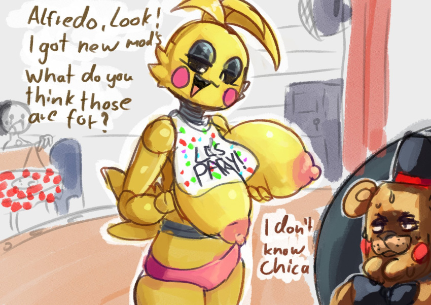 animatronic anthro areola avian ball_joints beakless bear bib big_breasts bird black_sclera bodily_fluids bow_tie breasts brown_body chicken cleft_chin clothing dialogue doll_joints english_text feathers female five_nights_at_freddy's five_nights_at_freddy's_2 galliform gallus_(genus) hat head_feathers head_tuft headgear headwear hi_res holding_breast huge_breasts machine mammal nipples open_mouth panties phasianid pink_areola pink_clothing pink_nipples pink_panties pink_underwear robot rosy_cheeks scottgames silverplatin solo sweat sweatdrop tail_feathers text thick_thighs top_hat toy_chica_(fnaf) toy_freddy_(fnaf) tuft underwear white_eyes wide_hips yellow_body