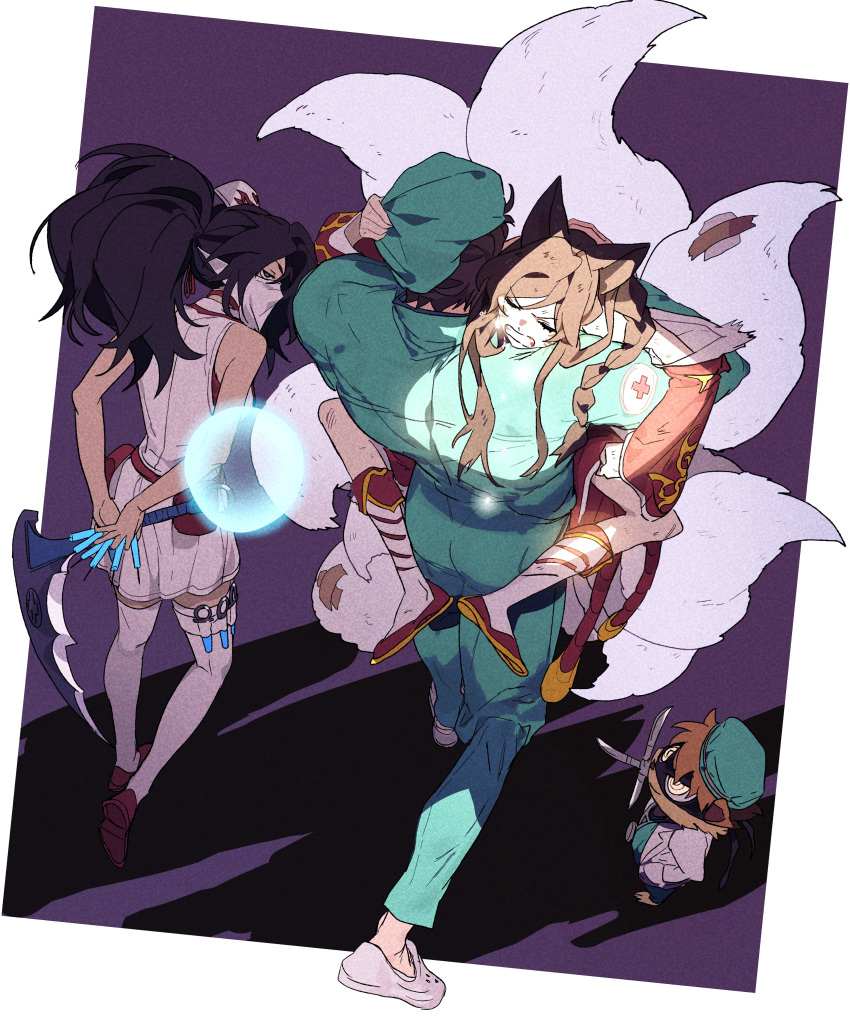 2boys 2girls absurdres ahri_(league_of_legends) akali animal_ears asymmetrical_bangs black_hair border brown_hair carrying carrying_person closed_eyes fox_ears fox_girl green_eyes green_headwear green_pants green_shirt hand_on_another's_head hat high_ponytail highres holding holding_needle holding_weapon kama_(weapon) kennen kennen_m.d. league_of_legends long_hair long_sleeves mask mouth_mask multiple_boys multiple_girls multiple_tails needle nurse nurse_akali nurse_cap official_alternate_costume pants ponytail shadow shen_(league_of_legends) shirt short_hair sickle simple_background skirt sleeveless surgeon surgeon_shen tail thighhighs v-shaped_eyebrows v-shaped_eyes walking weapon whiskers white_border white_skirt white_thighhighs yellow_eyes zaket07