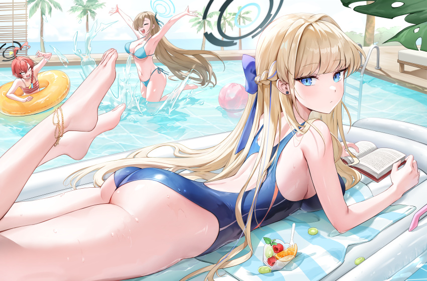 3girls absurdres afloat ahoge anklet ass asuna_(blue_archive) ball barefoot beachball bikini blonde_hair blue_archive blue_bikini blue_one-piece_swimsuit book breasts closed_mouth cup day earrings flat_chest food from_side fruit halo highres holding holding_book inflatable_raft innertube jewelry large_breasts long_hair looking_at_viewer looking_to_the_side lying medium_breasts multiple_girls murabana44 neru_(blue_archive) on_stomach one-piece_swimsuit outdoors palm_tree partially_submerged pool red_bikini red_hair solo_focus splashing stud_earrings swimsuit toki_(blue_archive) tree very_long_hair water wet