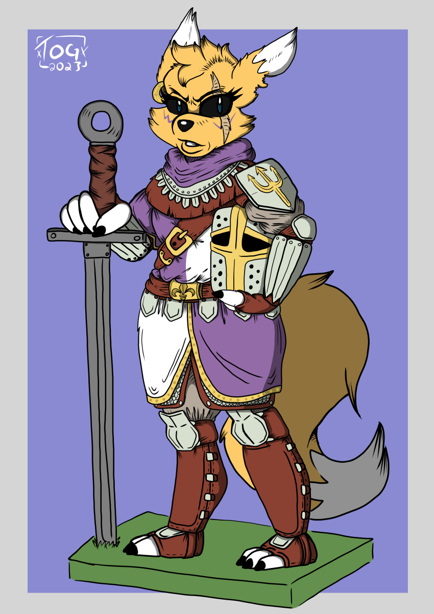 2023 absurd_res anthro armor bandai_namco bretonnia canid canine cosplay crossover crossover_cosplay digimon digimon_(species) digital_drawing_(artwork) digital_media_(artwork) ear_piercing ear_ring eye_scar facial_scar female fox gamesworkshop grail_knight headgear helmet hi_res longsword mammal melee_weapon miniature_model piercing renamon ring_piercing scar solo sword warhammer_(franchise) warhammer_fantasy weapon xxtheoneguyxx