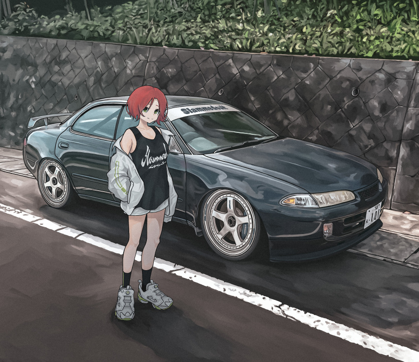 1girl absurdres black_socks black_tank_top bokuya car closed_mouth commentary_request highres jacket license_plate long_sleeves motor_vehicle nissan nissan_skyline nissan_skyline_r32 original outdoors red_hair road shoes shorts sleeveless smile sneakers socks spoiler_(automobile) standing tank_top vehicle_focus white_footwear white_jacket white_shorts