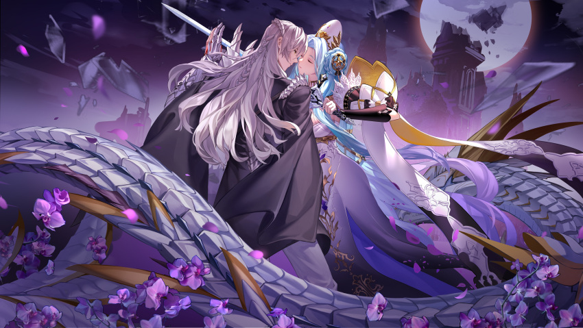 1boy 1girl absurdly_long_hair absurdres archeland armor blue_hair braid breasts cape chinese_clothes closed_eyes dragon dress face-to-face flower full_moon gold gradient_hair highres holding holding_sword holding_weapon imminent_kiss jewelry large_breasts long_hair long_sleeves looking_at_another moon multicolored_hair night night_sky outdoors petals purple_flower robe ruins sky snake standing sword very_long_hair weapon white_hair wide_sleeves xiaoguolidun