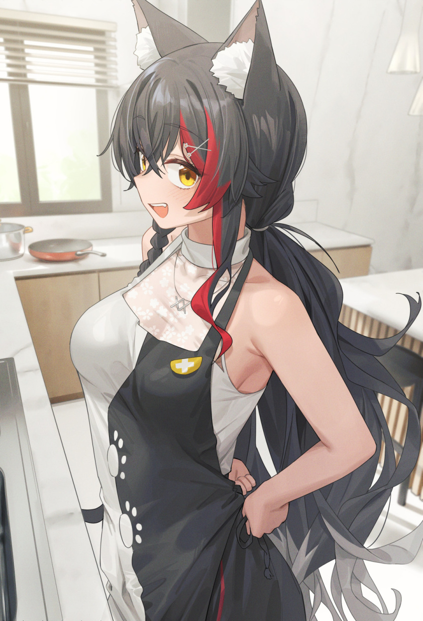 1girl animal_ear_fluff animal_ears apron black_hair braid cowboy_shot hair_ornament highres hololive kitchen large_pectorals long_hair looking_at_viewer low_ponytail multicolored_hair official_alternate_costume ookami_mio ookami_mio_(5th_costume) paw_print pectorals red_hair rimori22 see-through_cleavage shirt side_braid skillet sleeveless sleeveless_shirt smile solo streaked_hair tying_apron virtual_youtuber wide_ponytail window wolf_ears wolf_girl x_hair_ornament yellow_eyes