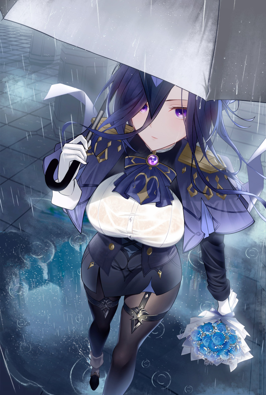 1girl absurdres ascot black_hair blue_cape blue_hair blue_headwear breasts cape clorinde_(genshin_impact) corset epaulettes genshin_impact gloves hat hat_feather hco3n highres holding holding_umbrella jewelry large_breasts long_hair long_sleeves looking_at_viewer pantyhose purple_eyes rain see-through shirt solo tricorne umbrella vision_(genshin_impact) wet wet_clothes white_gloves white_shirt