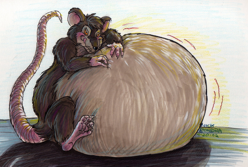 2002 anthro belly big_belly blush charlotte's_web claws feral fur grey_body grey_fur half-closed_eyes hands_on_belly hi_res huge_belly licking licking_lips looking_at_viewer male mammal motion_lines murid murine narrowed_eyes nick_bondra obese obese_feral overweight overweight_feral paws phraggle rat rodent signature sitting solo templeton_(charlotte's_web) tongue tongue_out traditional_media_(artwork) whiskers