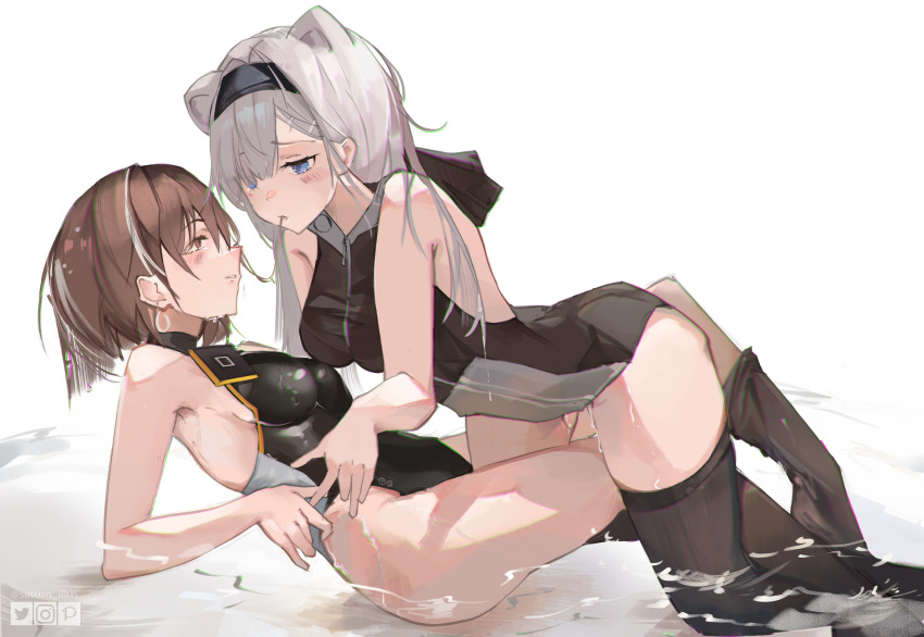 2girls absurdres animal_ears arknights aurora_(arknights) bare_arms bare_shoulders bear_ears black_hairband black_leotard black_thighhighs blue_eyes breasts brown_hair cmdr_saturn commentary grey_hair hairband highres leotard long_hair looking_at_another magallan_(arknights) medium_breasts multiple_girls thighhighs thighs white_background yuri