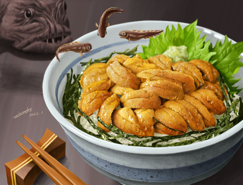 absurdres bowl chopsticks dated fish food food_focus highres leaf no_humans original rice shadow signature tainosuke uni_(food) wolf_eel