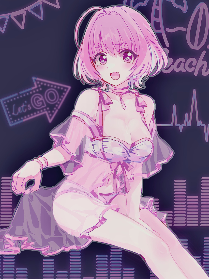 1girl absurdres ahoge bikini bob_cut breasts cleavage clothing_request collarbone commentary_request english_text fang from_side highres idolmaster idolmaster_cinderella_girls idolmaster_cinderella_girls_starlight_stage kanipoposu large_breasts legs looking_at_viewer navel neon_lights open_mouth pink_bikini pink_bracelet pink_eyes pink_hair sitting smile solo swimsuit thighs yumemi_riamu