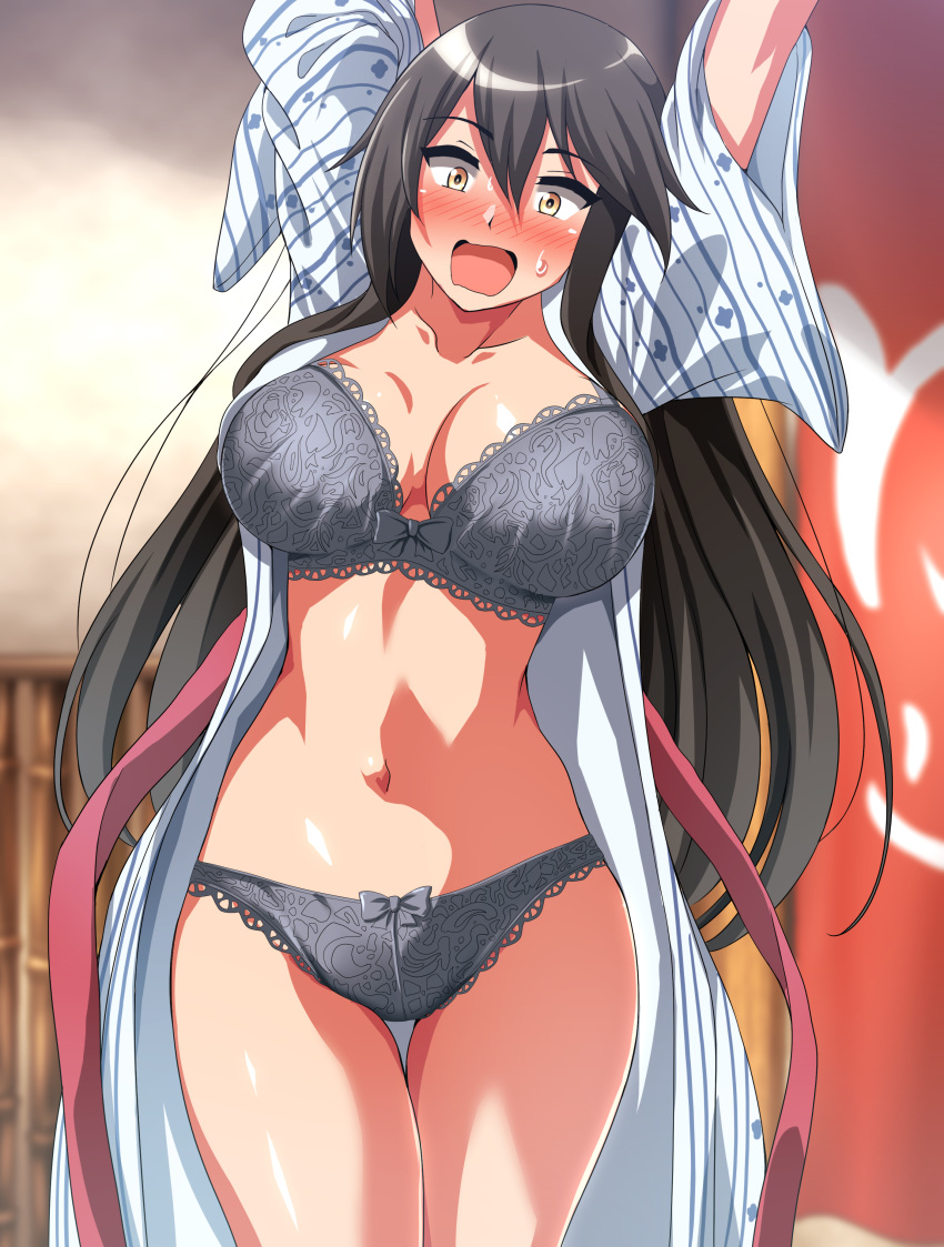 1girl absurdres alternate_costume arms_up bath_yukata black_hair blush bouncing_breasts bra breasts brown_eyes cleavage commentary_request commission dilated_pupils feet_out_of_frame grey_bra grey_panties haruna_(kancolle) highres japanese_clothes kantai_collection kimono large_breasts long_hair mouth_hold nose_blush open_clothes open_kimono open_mouth panties pixiv_commission solo surprised thigh_gap underwear yukata zanntetu