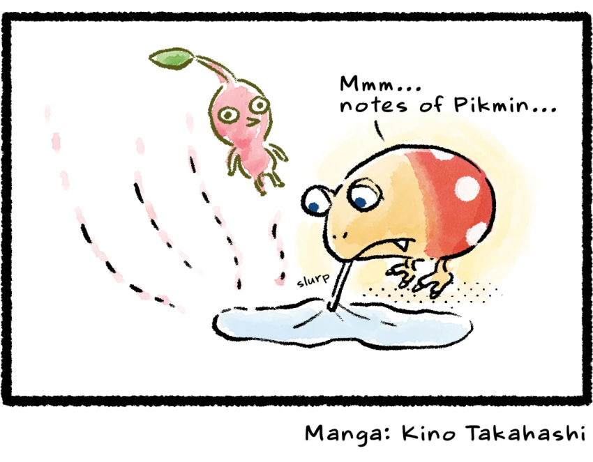 ambiguous_gender bulborb colored comic_panel drinking elemental_creature english_text feral flora_fauna kino_takahashi nintendo pikmin pikmin_(species) plant red_body red_pikmin signature solo straw tan_face text
