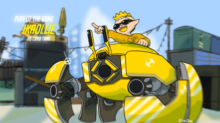1boy blonde_hair blue_sky blurry blurry_background cable canons crab_tank_(splatoon) dock highres ikaollieart inkling inkling_boy mecha overwatch parody pointing pointing_forward pointy_ears robot sky smile solo spiked_hair splatoon_(series) splatoon_3 sunglasses sweater tentacle_hair utility_pole wrecking_ball_(overwatch) yellow_sweater