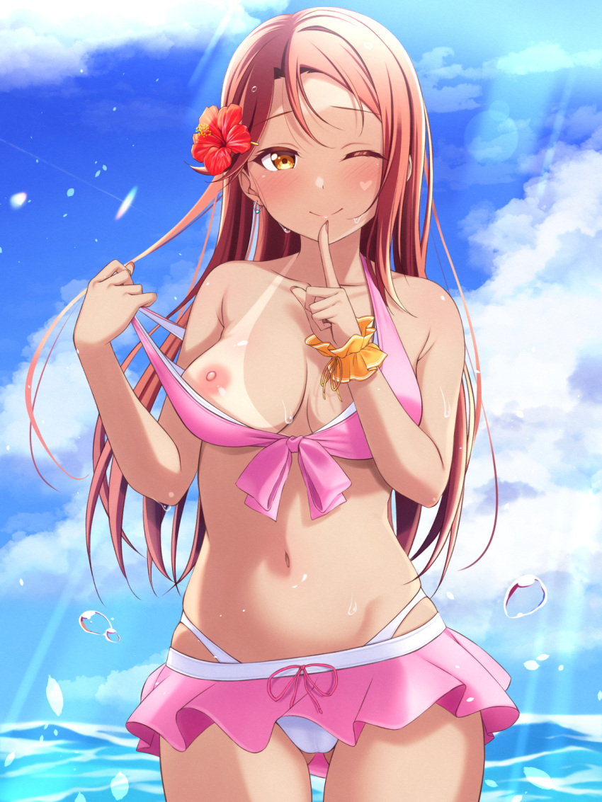 1girl ;) bikini bikini_pull bikini_skirt bikini_tan bikini_top_pull blue_sky breasts brown_hair closed_mouth clothes_pull cloud collarbone commentary_request cowboy_shot day flower hair_flower hair_ornament hibiscus highres lens_flare long_hair looking_at_viewer love_live! love_live!_sunshine!! medium_breasts mobukichi nipples one_breast_out one_eye_closed outdoors pink_bikini pulled_by_self red_flower sakurauchi_riko sky smile solo standing straight_hair strap_pull summer sunlight swimsuit tan tanlines variant_set very_long_hair yellow_eyes