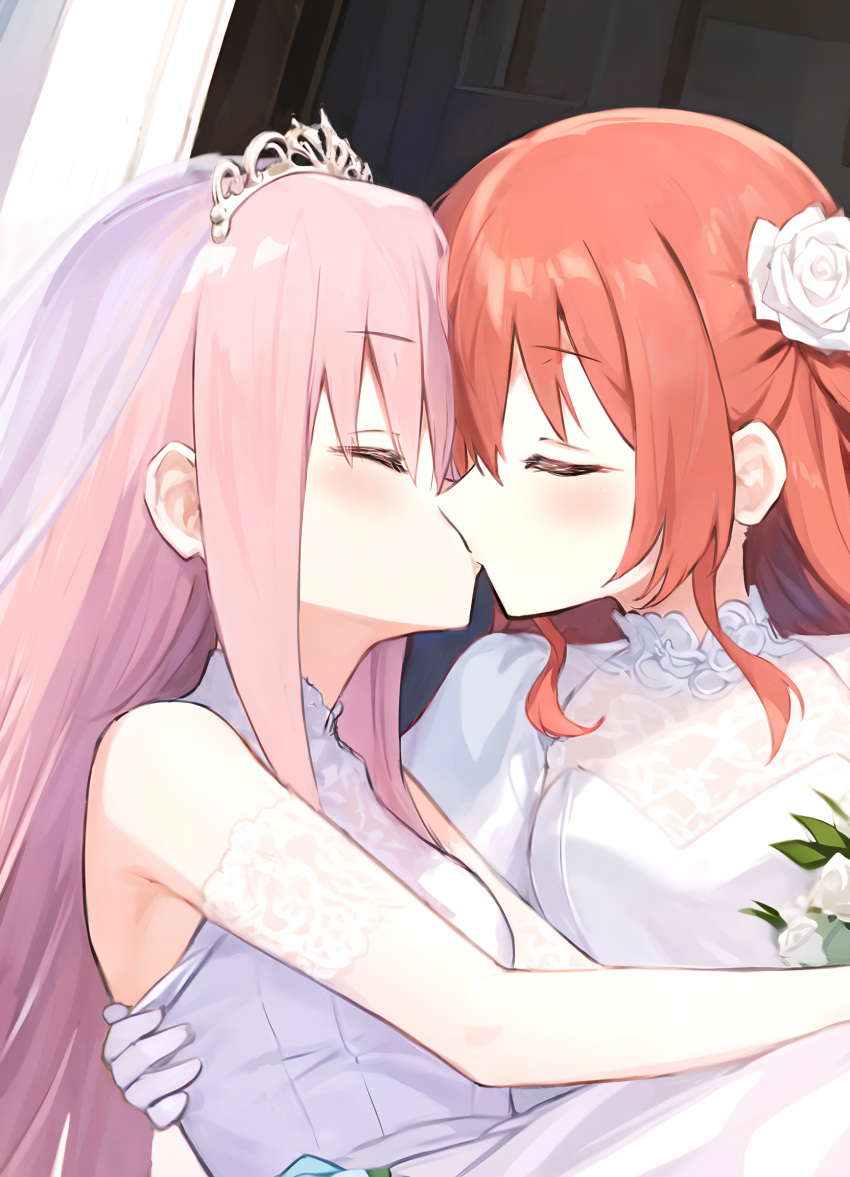 2girls ai-assisted bocchi_the_rock! bridal_veil carrying closed_eyes commentary_request dress flower gotou_hitori hair_flower hair_ornament highres kadohusa_ginpo kiss kita_ikuyo long_hair multiple_girls pink_hair princess_carry red_hair tiara veil wedding wife_and_wife yuri