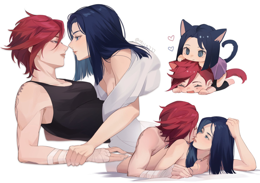 2girls animal_ears artist_name bandaged_arm bandages blue_eyes blue_hair caitlyn_(league_of_legends) cat_ears cat_girl cat_tail chibi closed_eyes commentary_request couple eye_contact face-to-face half-closed_eyes heart highres holding_another's_wrist imminent_kiss kemonomimi_mode kiss kissing_cheek league_of_legends looking_at_another miix777 multiple_girls multiple_views open_mouth parted_lips red_hair short_hair simple_background smile tail toned twitter_username vi_(league_of_legends) white_background yuri