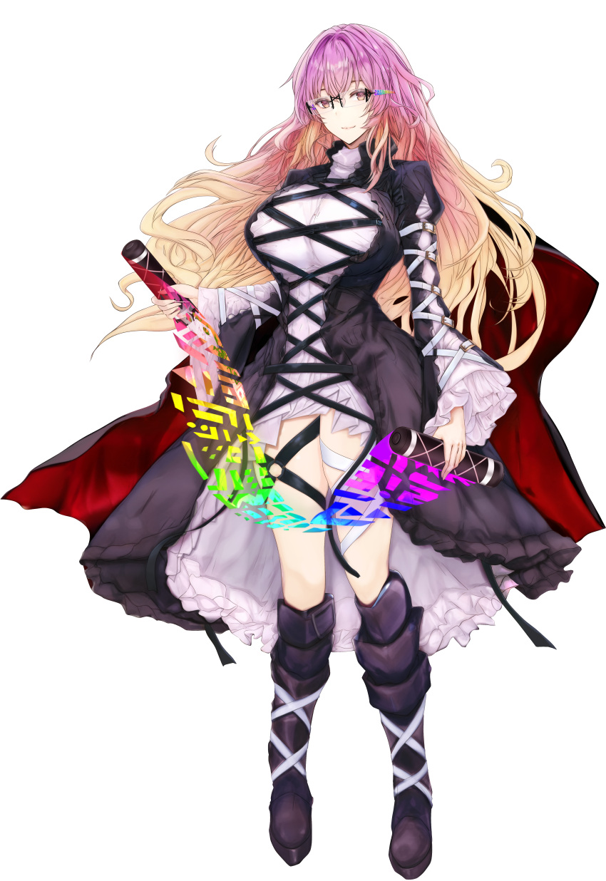 absurdres black_footwear boots breasts cape cross-laced_clothes dress full_body glasses gradient_hair highres hijiri_byakuren juliet_sleeves large_breasts layered_dress long_sleeves multicolored_hair puffy_short_sleeves puffy_sleeves purple_eyes purple_hair short_sleeves showgirl_skirt smile sorcerer's_sutra_scroll standing tachi-e thigh_boots tk31 touhou transparent_background turtleneck_dress two-tone_hair wavy_hair white_dress wide_sleeves
