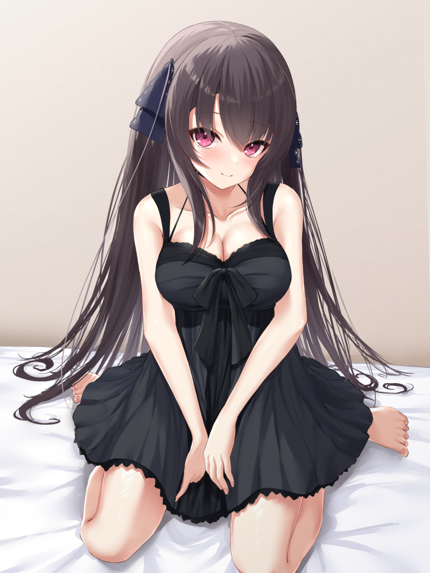 1girl ao_no_kanata_no_four_rhythm bare_arms barefoot between_legs black_dress black_hair black_ribbon blush breasts cleavage closed_mouth collarbone commentary_request commission dress eyelashes eyes_visible_through_hair frilled_dress frilled_ribbon frills hair_between_eyes hair_ribbon hair_spread_out halterneck hand_between_legs head_tilt highres indoors knees_out_of_frame large_breasts long_hair looking_at_viewer ncontrail_(mgax7527) on_bed pink_eyes ribbon seductive_smile short_dress sidelocks simple_background sitting skeb_commission smile solo straight_hair tobisawa_misaki toenails toes upturned_eyes v_arms very_long_hair wariza yellow_background