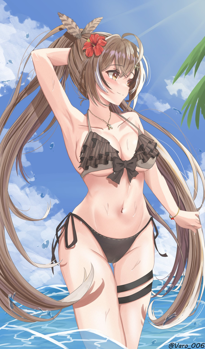 1girl absurdres ahoge alternate_costume bikini black_bikini brown_eyes brown_hair cloud cloudy_sky crossed_bangs feather_hair_ornament feathers flower frilled_bikini frills hair_flower hair_ornament hairclip hibiscus highres hololive hololive_english jewelry long_hair looking_to_the_side multicolored_hair nanashi_mumei necklace ocean ponytail runes sky streaked_hair swimsuit varo_006 very_long_hair virtual_youtuber wet