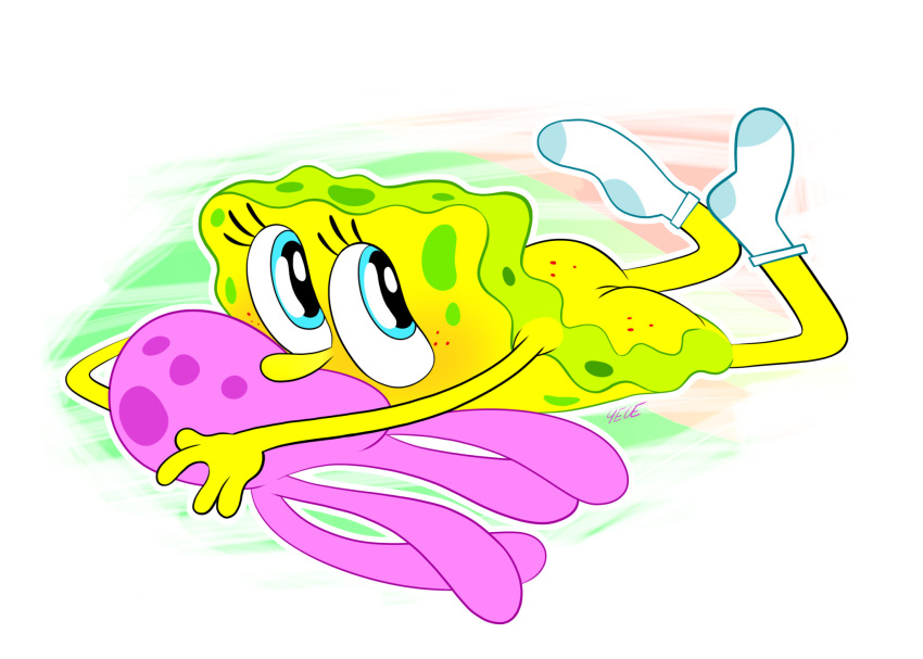 ambiguous_gender anthro blue_eyes blush butt clothing cnidarian duo eyelashes feral footwear footwear_only freckles_on_butt glistening glistening_eyes hi_res jellyfish lying marine medusozoan mostly_nude nickelodeon on_front on_model pink_body sea_sponge smelliothell socks socks_only spongebob_squarepants spongebob_squarepants_(character) spots tentacles toony yece yellow_body