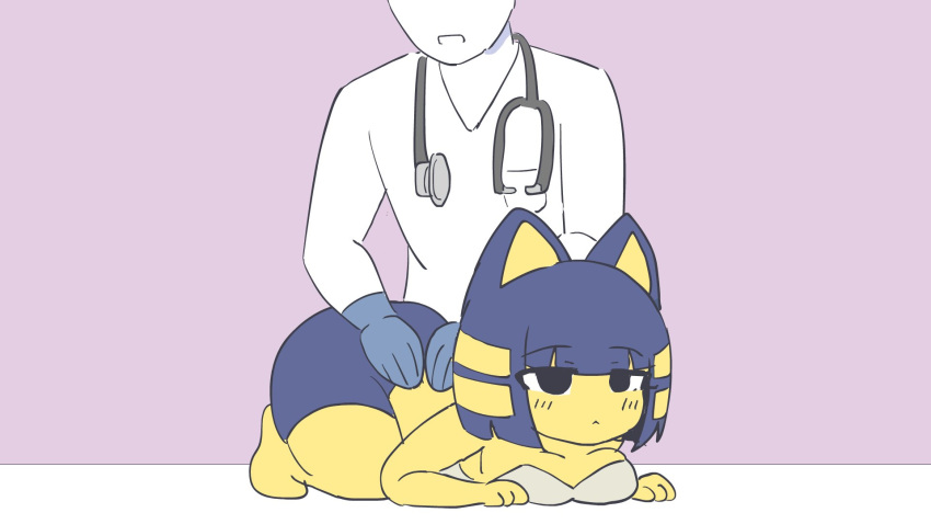 2023 5_fingers animal_crossing ankha_(animal_crossing) anthro big_breasts blush blush_lines bottomwear breasts butt clothing dangoheart domestic_cat felid feline felis female fingers fur gloves handwear hi_res human lying male mammal medical_instrument nintendo on_front scientific_instrument shorts stethoscope veterinarian yellow_body yellow_fur