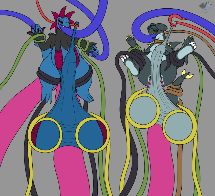 ball_stretching balls big_balls big_penis duo foreskin foreskin_pull genitals grey_background hi_res huge_balls huge_penis humanoid_genitalia humanoid_penis le_skarmory_(artist) male nintendo penis pokemon simple_background tentacles