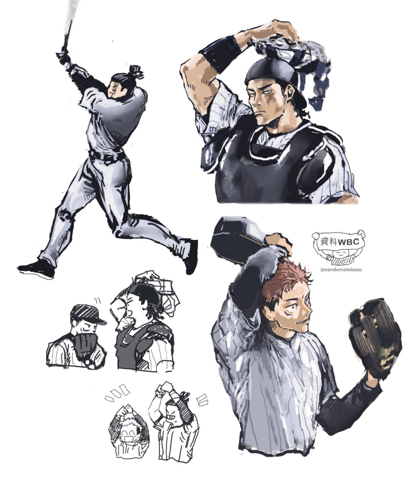 2boys alternate_costume baseball baseball_bat baseball_cap baseball_helmet baseball_jersey baseball_mitt baseball_uniform black_hair doodle_inset hat helmet highres holding holding_baseball_bat itadori_yuuji jujutsu_kaisen male_focus multiple_boys nandemotokasu o_arms playing_sports scar scar_across_eye short_hair sideburns sportswear toudou_aoi_(jujutsu_kaisen) undercut victory