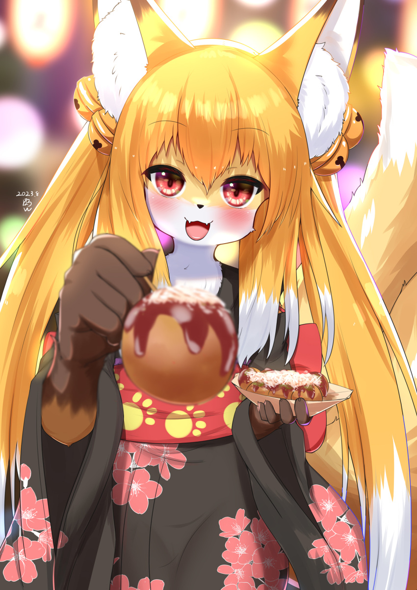 2023 2_tails accessory anthro asian_clothing blonde_hair blush brown_body brown_fur canid canine chest_tuft clothed clothing cute_fangs digital_media_(artwork) dipstick_ears dipstick_tail east_asian_clothing female female_anthro fluffy food fox fur hair hair_accessory hi_res horokusa0519 japanese_clothing japanese_food kemono kimono long_hair looking_at_viewer mammal markings multi_tail multicolored_body multicolored_ears multicolored_fur multicolored_hair multicolored_tail nio_(horokusa) open_mouth red_eyes solo tail tail_markings takoyaki tongue tuft twintails_(hairstyle) white_body white_fur white_hair yellow_body yellow_fur