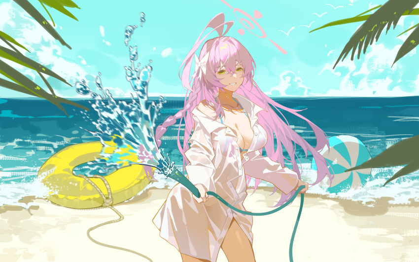 1girl absurdres ahoge ball beach beachball bikini bikini_top_only bikini_under_clothes blue_archive blue_sky bow braid breasts cleavage cloud collarbone cowboy_shot crossed_bangs day green_eyes hair_between_eyes hair_bow halo hanako_(blue_archive) hanako_(swimsuit)_(blue_archive) highres holding holding_hose horizon hose innertube large_breasts long_hair looking_at_viewer motion_blur naughty_face ocean official_alternate_costume outdoors palm_leaf pink_bikini pink_hair pink_halo rope sand see-through see-through_shirt shirt simple_bird single_braid sky solo spraying swimsuit thighs unbuttoned unbuttoned_shirt very_long_hair water waves wet wet_clothes wet_shirt white_bow xe367