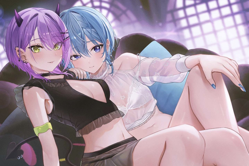 2girls blue_eyes blue_hair blue_nails blush bra breasts choker cleavage_cutout clothing_cutout crop_top demon_girl ear_piercing frills green_eyes hair_between_eyes hair_ornament hairclip hololive horns hoshimachi_suisei lace-trimmed_bra lace_trim looking_at_viewer medium_breasts multiple_girls navel off_shoulder piercing purple_hair sanada_keisui see-through short_hair skirt small_breasts smile star_(symbol) star_in_eye symbol_in_eye thighs tokoyami_towa underwear virtual_youtuber