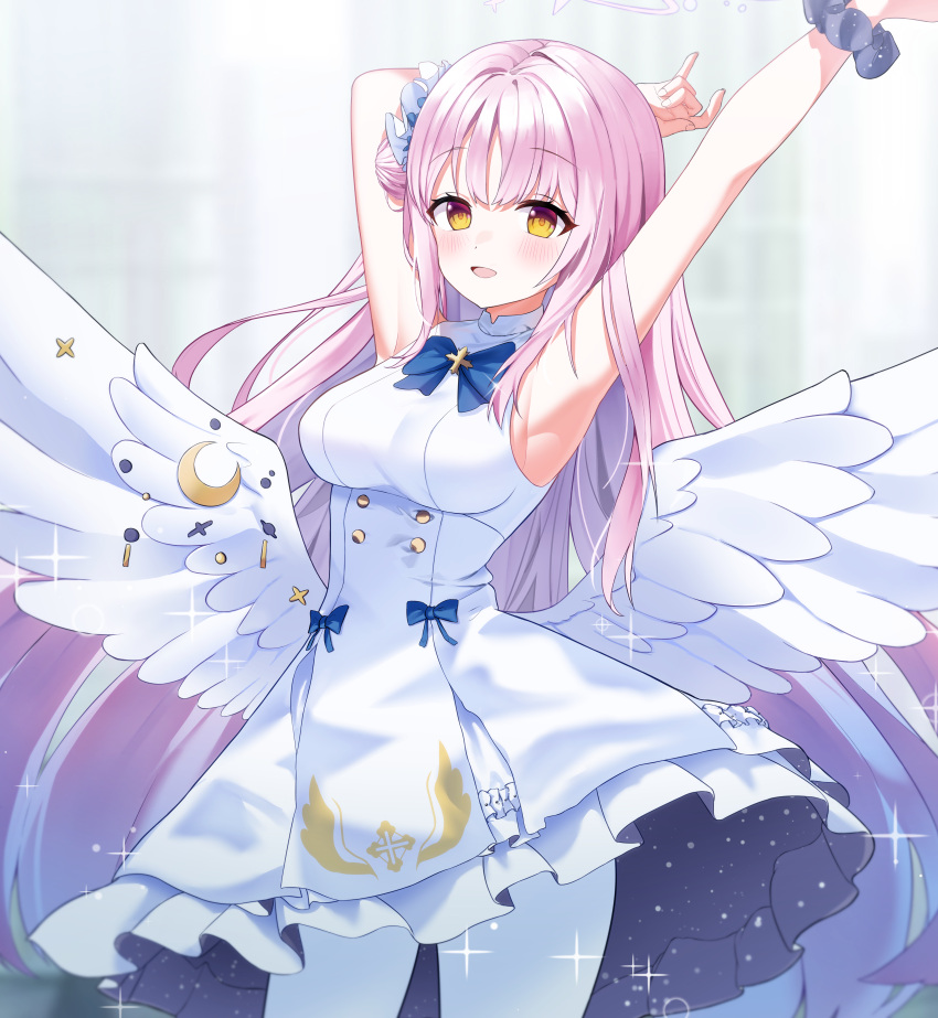 1girl absurdres armpits arms_up blue_archive breasts commentary_request hair_ornament halo highres long_hair looking_at_viewer medium_breasts mika_(blue_archive) my0li open_mouth pantyhose pink_hair ribbon scrunchie simple_background sleeveless uniform white_background wings yellow_eyes