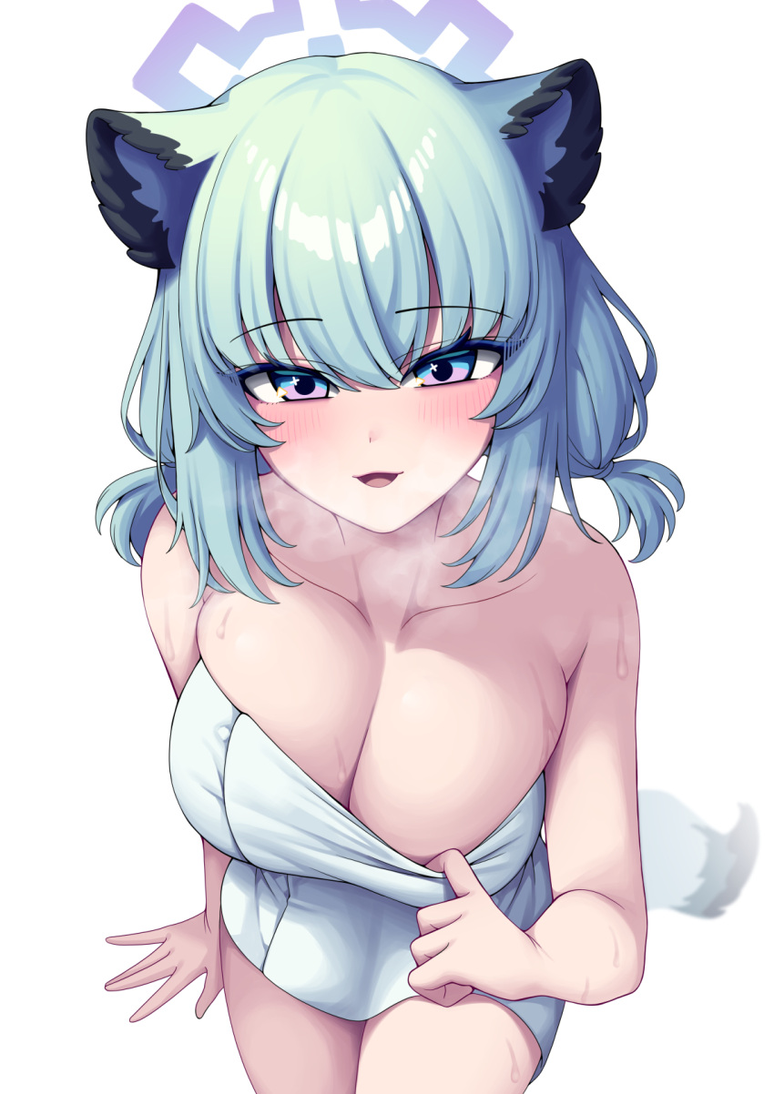 1girl animal_ears blue_archive blush breasts cleavage collarbone cowboy_shot from_above green_hair halo highres large_breasts metaljelly naked_towel open_mouth purple_eyes purple_halo shigure_(blue_archive) shigure_(hot_spring)_(blue_archive) shirt simple_background solo tail towel weasel_ears weasel_tail white_background white_towel
