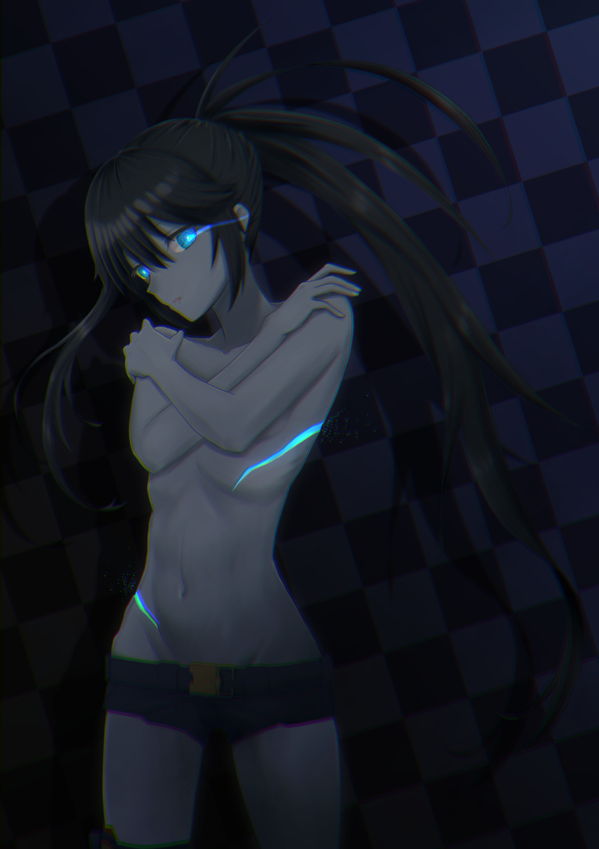 1girl black_hair black_rock_shooter black_rock_shooter:_dawn_fall black_rock_shooter_(character) black_shorts blue_eyes breasts checkered_background collarbone covering covering_breasts cowboy_shot floating_hair glowing glowing_eye groin highres kuthird346 long_hair micro_shorts navel open_mouth shorts sideboob small_breasts solo standing topless twintails very_long_hair