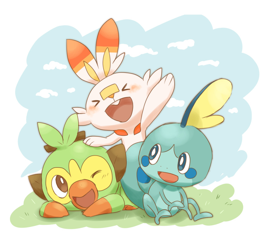 &gt;o&lt; arm_up blue_eyes blush bright_pupils brown_eyes buck_teeth closed_eyes cloud grookey hand_on_another's_head highres nostrils open_mouth outdoors pokemon pokemon_(creature) saudade_sn scorbunny sitting sobble starter_pokemon_trio teeth white_pupils