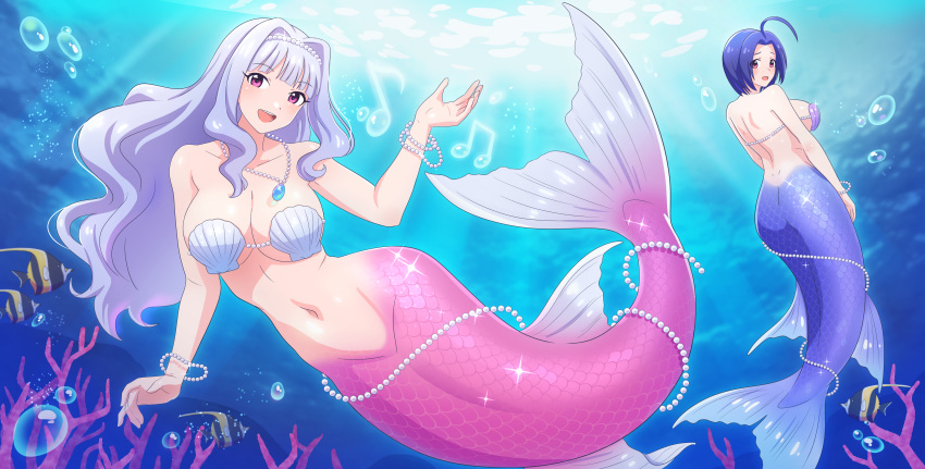 2girls absurdres bead_necklace beads blue_hair breasts bubble gem highres idolmaster idolmaster_(classic) jewelry kiria_ai kneeless_mermaid large_breasts long_hair looking_at_viewer mermaid miura_azusa monster_girl monsterification multiple_girls musical_note navel necklace revision shell shell_bikini shijou_takane short_hair smile sparkle underwater