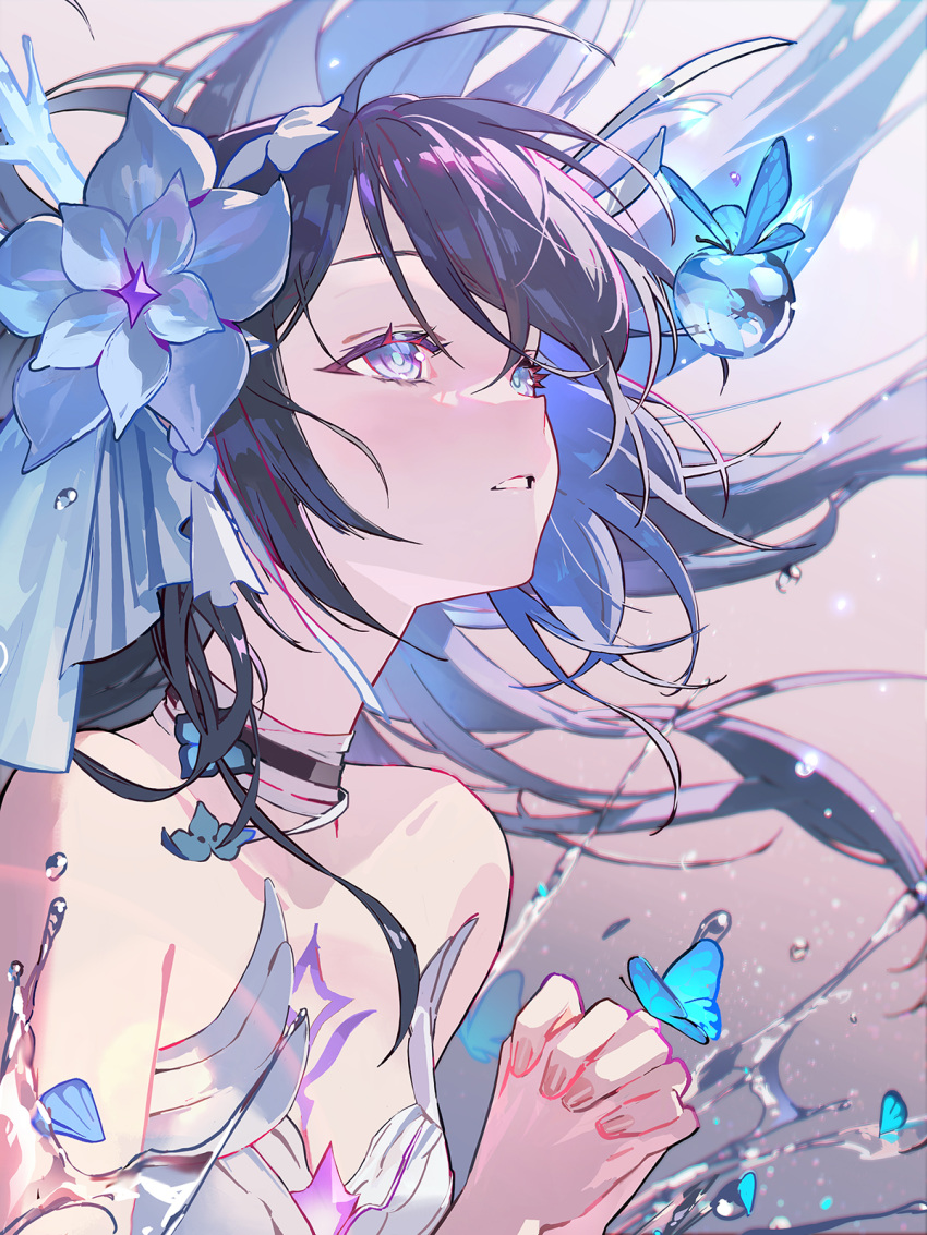 1girl ahoge bare_shoulders blue_butterfly blue_flower blue_petals blush breasts bug butterfly chest_tattoo cleavage dress eyelashes facial_mark flower hair_between_eyes hair_flower hair_ornament highres honkai_(series) honkai_impact_3rd long_hair looking_up medium_breasts nail_polish necktie okku own_hands_together parted_lips petals pink_nails praying purple_eyes purple_hair seele_vollerei seele_vollerei_(herrscher_of_rebirth) solo strapless strapless_dress tattoo upper_body water water_drop white_necktie