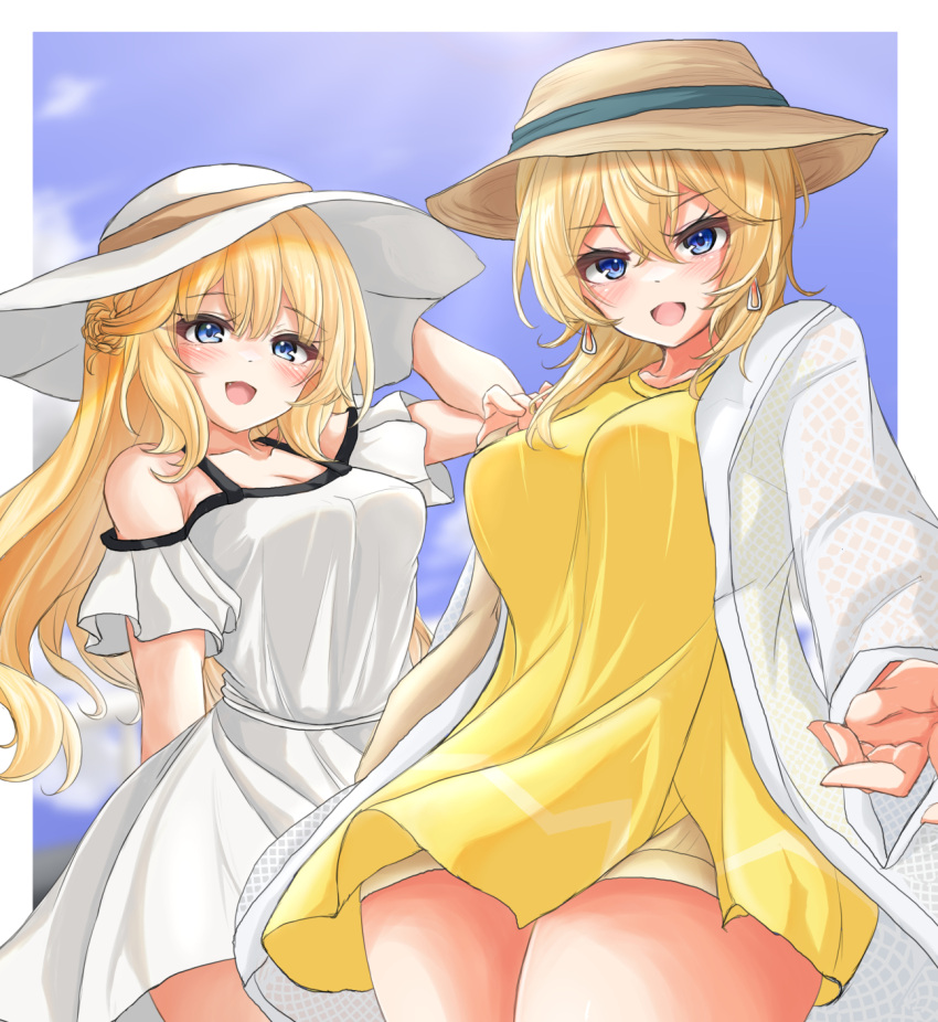 2girls alternate_costume blonde_hair blue_eyes breasts cleavage day dress earrings hat highres jewelry kantai_collection kasashi_(kasasi008) looking_at_viewer medium_breasts multiple_girls official_alternate_costume open_mouth ranger_(kancolle) shirt shorts smile sun_hat tuscaloosa_(kancolle)