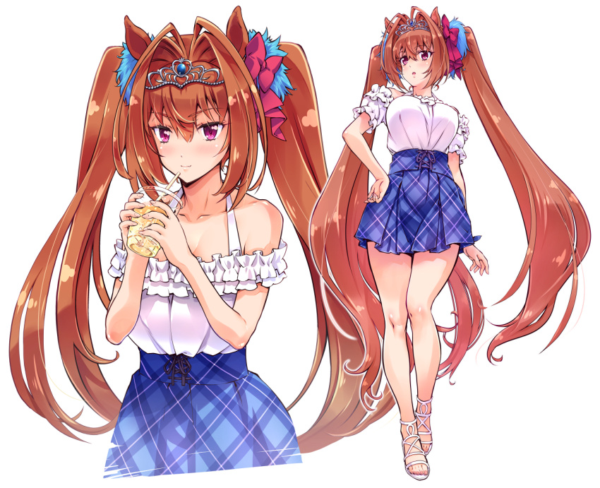 1girl animal_ears antenna_hair blue_scrunchie blue_skirt bow brown_hair casual closed_mouth cropped_torso cup daiwa_scarlet_(umamusume) disposable_cup drinking_straw frilled_shirt frills hair_bow hair_intakes hair_ornament hair_scrunchie halterneck hand_on_own_hip high-waist_skirt holding holding_cup horse_ears horse_girl horse_tail long_hair looking_at_viewer miniskirt multiple_views off-shoulder_shirt off_shoulder plaid plaid_skirt pleated_skirt purple_bow red_eyes sandals scrunchie shirt simple_background skirt smile standing suzuki24 tail tiara twintails umamusume very_long_hair white_background white_footwear white_shirt