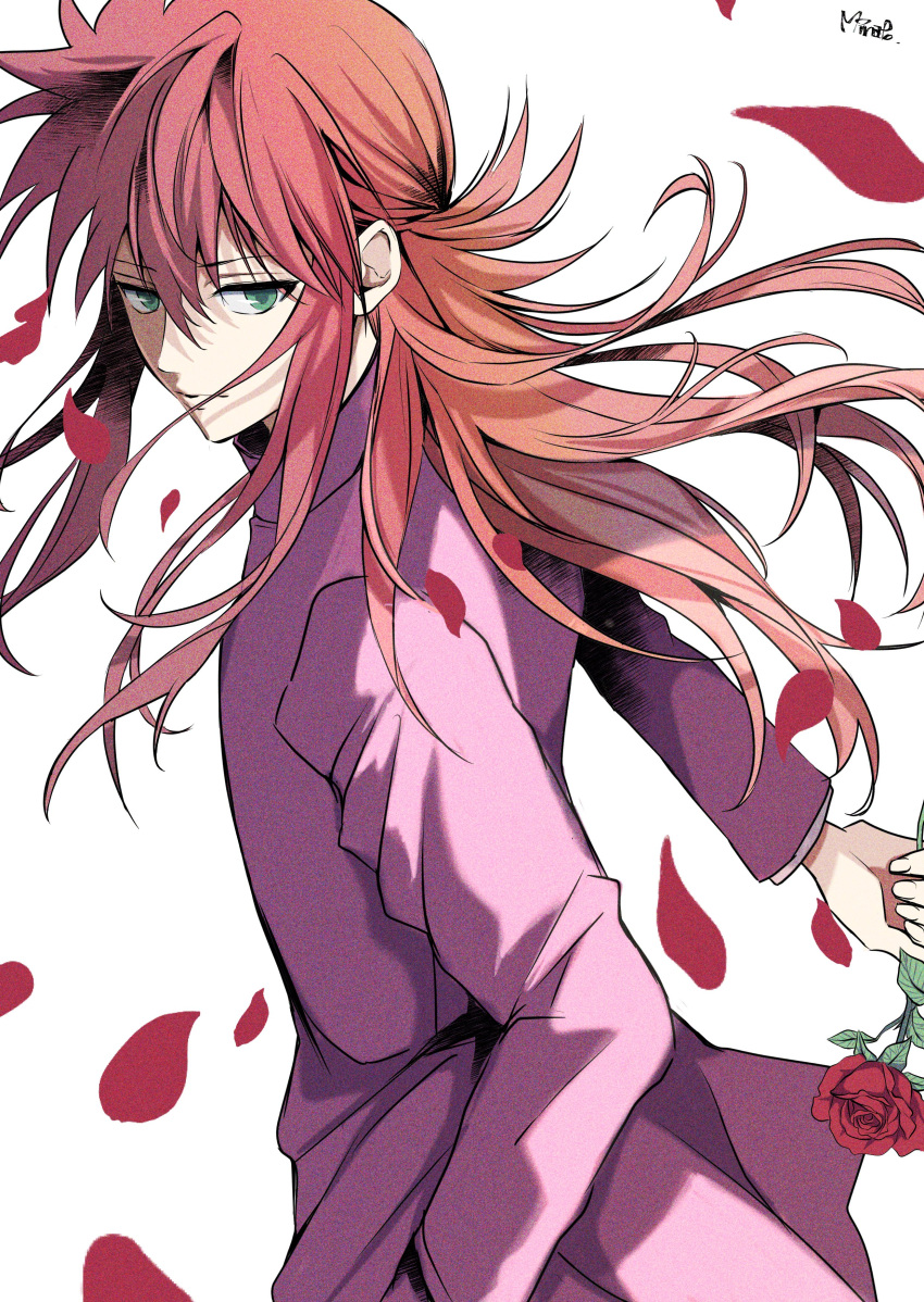 1boy absurdres closed_mouth flower green_eyes hair_between_eyes hand_in_pocket highres holding holding_flower kurama_(yu_yu_hakusho) long_hair long_sleeves looking_at_viewer male_focus minato_x3710 petals red_flower red_hair red_rose rose rose_petals school_uniform sidelocks solo white_background yu_yu_hakusho