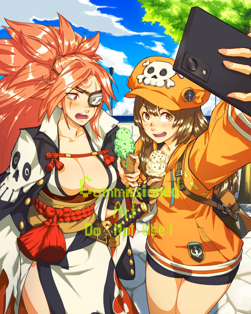 2girls absurdres amputee baiken big_hair bike_shorts black_gloves black_jacket black_kimono black_shorts breasts brown_hair cellphone cloud cloudy_sky eyepatch facial_tattoo fingerless_gloves gloves guilty_gear guilty_gear_strive highres holding holding_ice_cream holding_phone hood hoodie ice_cream_cone jacket jacket_on_shoulders japanese_clothes kimono large_breasts long_hair looking_at_viewer may_(guilty_gear) multicolored_clothes multicolored_kimono multiple_girls one-eyed open_clothes open_kimono open_mouth orange_eyes orange_headwear orange_hoodie orange_shirt outdoors phone pink_hair ponytail red_eyes samurai sash scar scar_across_eye shirt shorts skull_and_crossbones sky smartphone tattoo toadsterz torn_sleeve watermark white_kimono