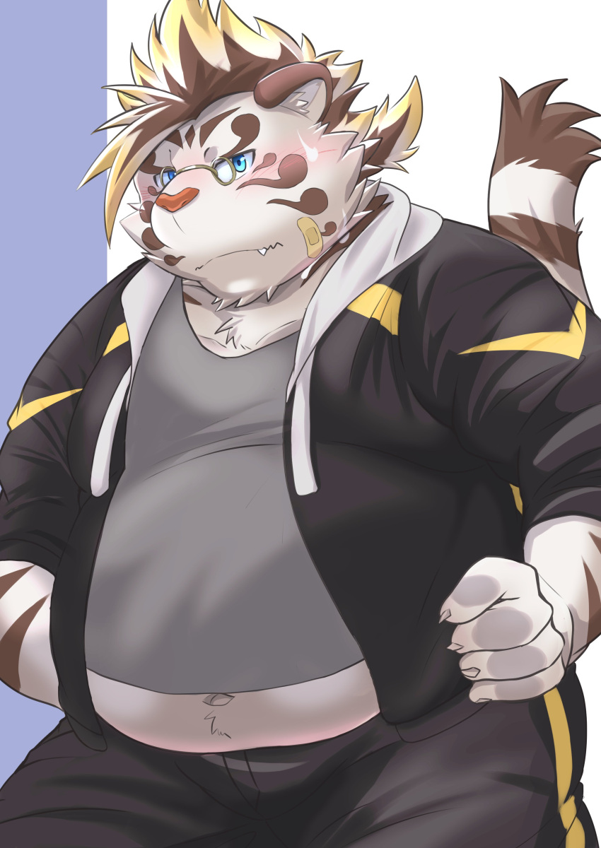 absurd_res anthro belly blue_eyes blush clothing eyewear felid fur glasses hi_res jacket licho_(tas) lifewonders male mammal navel nazebesu_hobby overweight pantherine shirt solo t-shirt tiger tokyo_afterschool_summoners topwear white_body white_fur