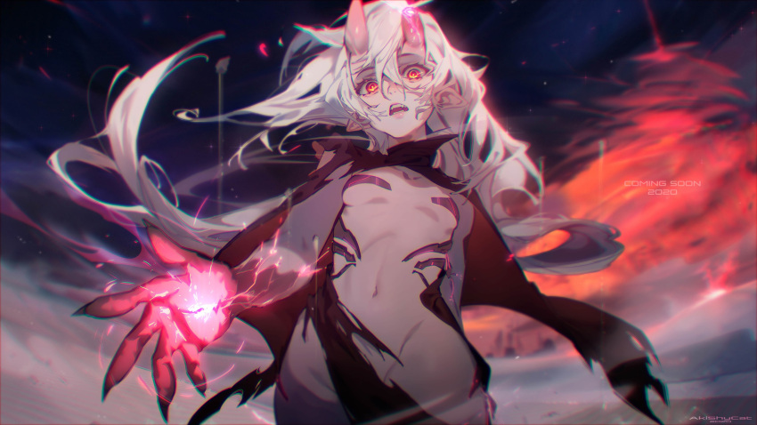 1girl akishycat black_coat breasts coat colored_skin demon_girl demon_horns grey_skin highres horns long_hair looking_at_viewer magic navel open_mouth orange_eyes original pink_horns pointy_ears small_breasts torn_clothes