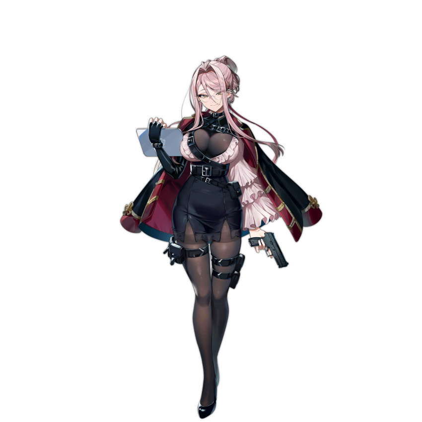 1girl asymmetrical_shirt belt black_belt black_footwear black_gloves black_jacket black_pantyhose black_skirt breasts cleavage closed_mouth cz_p-10_c ear_piercing eyelashes fingerless_gloves frilled_sleeves frills full_body girls'_frontline glasses gloves gun hair_up handgun high-waist_skirt high_heels highres holding holding_gun holding_tablet_pc holding_weapon jacket jacket_on_shoulders large_breasts long_hair looking_at_viewer miyukiyo official_art p10c_(girls'_frontline) pantyhose piercing pink_hair pink_shirt red_jacket round_eyewear shirt sidelocks simple_background single_glove single_sleeve skirt smile solo standing tablet_pc thigh_pouch third-party_source transparent_background trigger_discipline two-sided_fabric two-sided_jacket very_long_hair weapon yellow_eyes