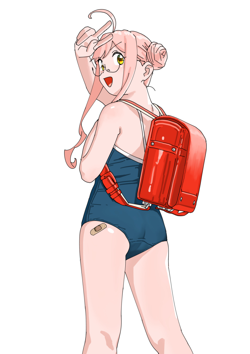 1girl ahoge alternate_costume ass backpack bag ball bandaid bandaid_on_ass barefoot blue_one-piece_swimsuit competition_school_swimsuit double_bun feet_out_of_frame flat_ass from_behind full_body glasses hair_bun highres kantai_collection legs long_hair looking_at_viewer looking_back makigumo_(kancolle) ojipon one-piece_swimsuit pink_hair randoseru school_swimsuit simple_background sitting solo standing swimsuit v white_background yellow_eyes