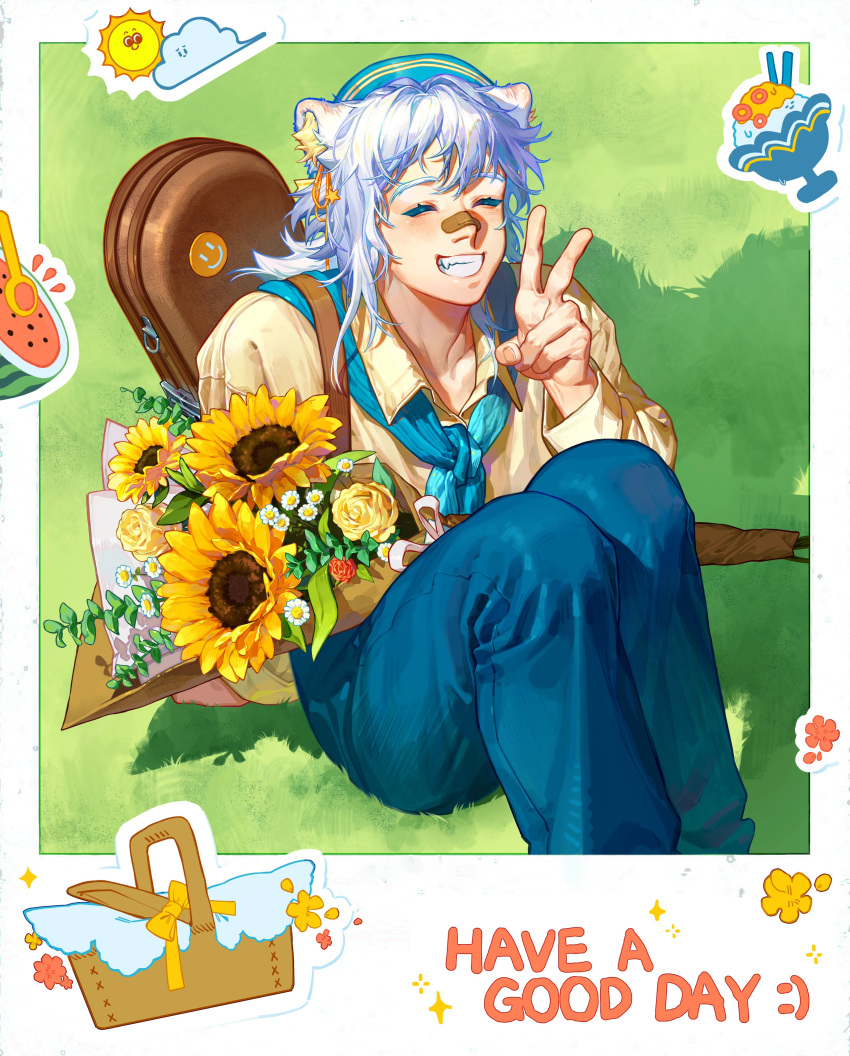 1boy absurdres animal_ear_fluff animal_ears bandaid bandaid_on_face bandaid_on_nose basket bouquet closed_eyes collared_shirt colored_eyelashes dongbomu ear_ornament facing_viewer fang feet_out_of_frame flower food fruit grass green_background grin hand_up highres holding holding_bouquet knees_up long_hair long_sleeves male_focus original outdoors shadow shaved_ice shirt smile solo sticker sunflower v watermelon white_hair yellow_flower yellow_shirt