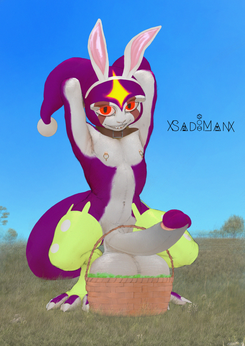 anthro balls basket belt belt_collar big_balls big_feet big_penis billsabouman claws clothed clothing collar container demon detailed_background digital_media_(artwork) easter easter_basket english_text erection feet foreskin forest forest_background genitals headgear headwear hi_res holidays huge_balls huge_penis humanoid_genitalia humanoid_penis hybrid hyper hyper_genitalia hyper_penis imp jester leggings legwear looking_at_viewer male mammal nature nature_background nipple_fetish nipple_piercing nipples nude open_mouth paws penis piercing plant smile solo spread_legs spreading tail teeth text toes tree xsad_manx(artist)