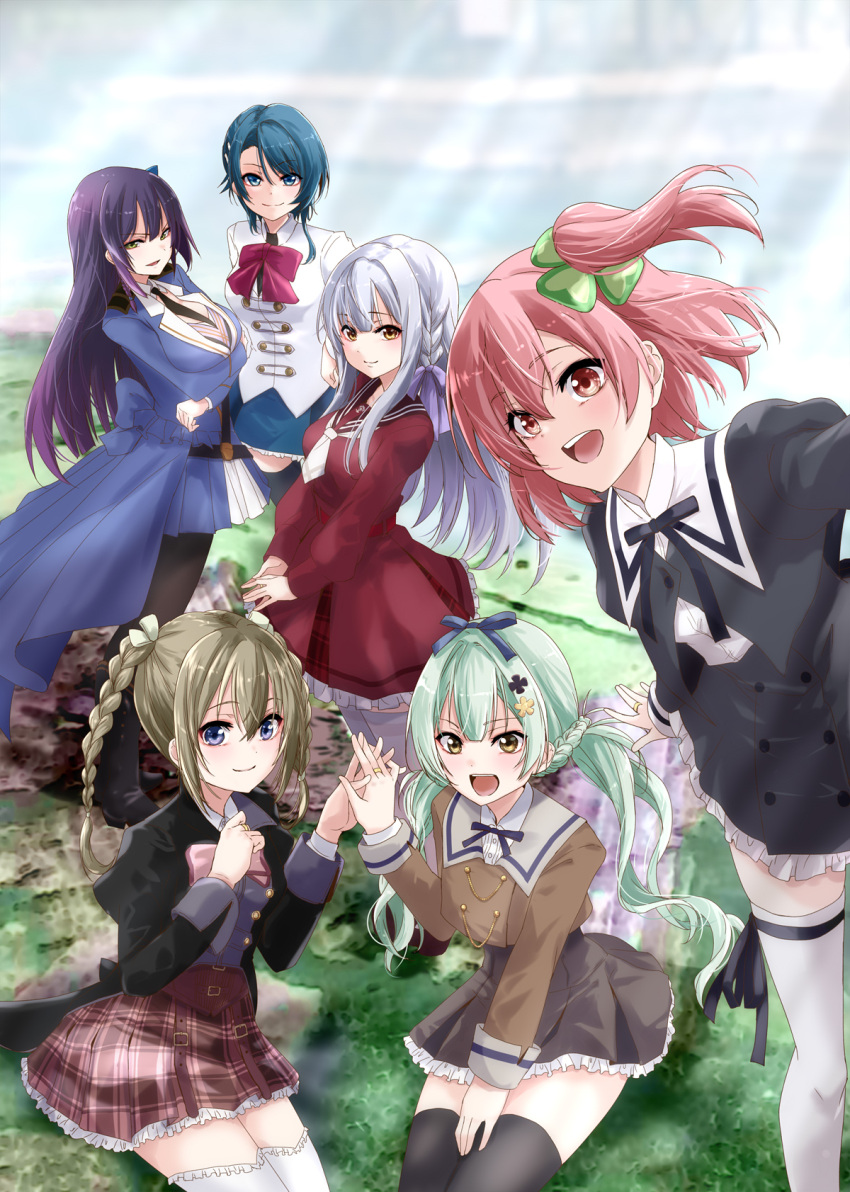 6+girls :d aizawa_kazuha arm_at_side arms_under_breasts assault_lily asymmetrical_hair belt belt_buckle black_belt black_footwear black_jacket black_necktie black_pantyhose black_ribbon black_skirt black_thighhighs blue_eyes blue_hair blue_jacket blue_ribbon blue_skirt blue_sky blunt_bangs blush boots bow bowtie braid breasts brown_belt brown_jacket brown_sailor_collar brown_skirt buckle closed_mouth clover collared_shirt commentary_request corset cropped_jacket day flower four-leaf_clover frilled_thighhighs frills funada_kiito green_eyes green_hair grey_hair hair_between_eyes hair_flower hair_ornament hair_ribbon hairclip hand_on_lap hands_up herensuge_girls_academy_school_uniform high-waist_skirt highres hitotsuyanagi_riri holding_hands interlocked_fingers jacket jewelry juliet_sleeves kanba_girls_high_school_uniform kishimoto_lucia_raimu kon_kanaho large_breasts leaning_to_the_side leg_ribbon long_hair long_sleeves looking_ahead looking_at_viewer low_twintails ludvico_private_girls'_academy_school_uniform medium_breasts miniskirt multiple_girls neck_ribbon necktie on_ground one_side_up open_mouth outdoors outstretched_arm own_hands_together pantyhose parted_lips pink_eyes pink_hair pleated_skirt puffy_sleeves purple_hair purple_ribbon reaching reaching_towards_viewer red_bow red_bowtie red_skirt ribbon ring sailor_collar school_uniform serafuku shirt short_hair short_necktie side_braid sidelocks single_braid sitting skirt sky smile solo sunlight thigh_ribbon thighhighs twin_braids twintails ueda_imari urutsu_sahari v-shaped_eyebrows v_arms very_long_hair waist_cape white_jacket white_necktie white_ribbon white_thighhighs yellow_eyes yellow_flower yurigaoka_girls_academy_school_uniform zettai_ryouiki