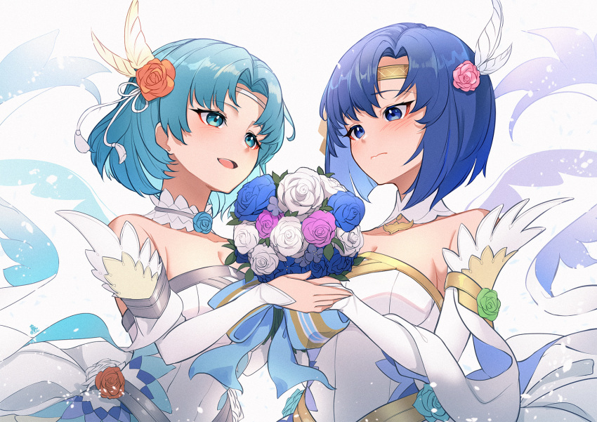 2girls aqua_eyes aqua_hair bare_shoulders blue_eyes blue_hair bouquet catria_(bridal)_(fire_emblem) catria_(fire_emblem) dress feather_hair_ornament feathers fire_emblem fire_emblem:_mystery_of_the_emblem fire_emblem:_the_binding_blade fire_emblem_heroes flower hair_flower hair_ornament highres holding holding_bouquet multiple_girls nakabayashi_zun official_alternate_costume short_hair thea_(bridal)_(fire_emblem) thea_(fire_emblem) upper_body wedding_dress white_background white_dress