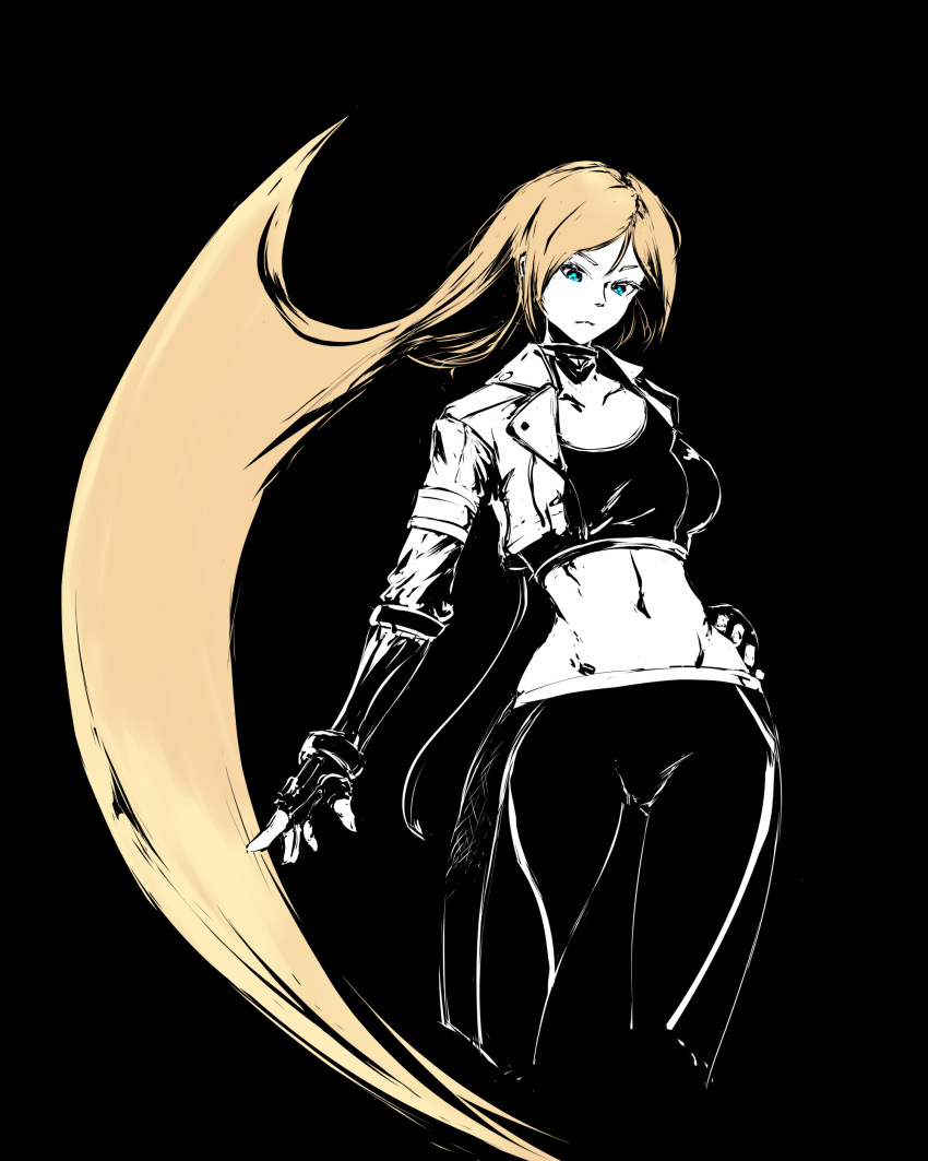 1girl absurdres black_background black_gloves black_pants blonde_hair blue_eyes cammy_white gloves guilty_gear highres hollow_555 midriff millia_rage pants prehensile_hair solo sports_bra street_fighter yoga_pants