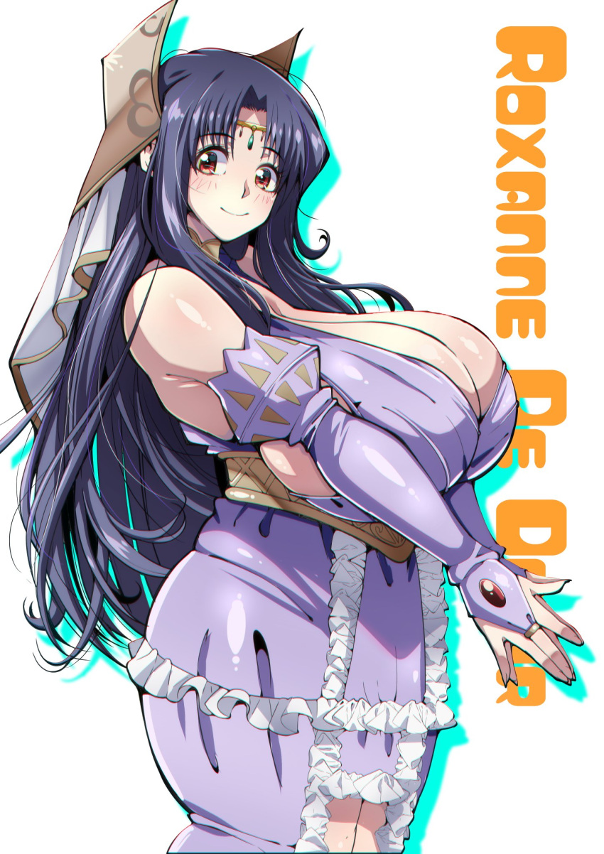 1girl black_hair blush breasts bridal_gauntlets character_name circlet cleavage commentary commentary_request cowboy_shot curvy detached_sleeves dress frilled_dress frills from_side gloves hair_ornament highres huge_breasts jewelry kyonyuu_fantasy long_hair looking_at_viewer own_hands_together parted_bangs purple_dress purple_gloves purple_hair rebasuto red_eyes roxanne_de_dejiiru sideboob sidelocks smile solo veil very_long_hair