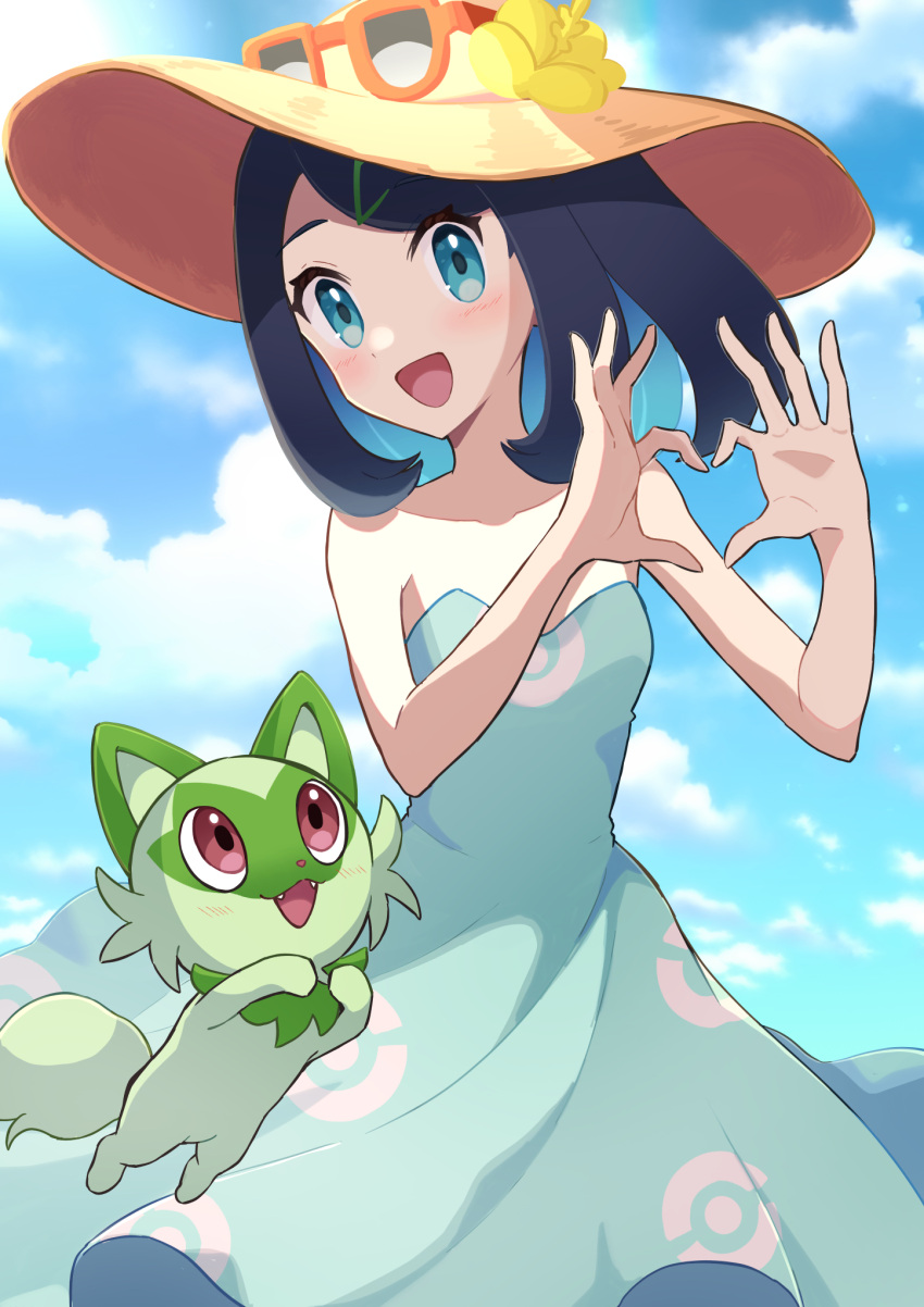 1girl bare_shoulders black_hair blue_dress blue_eyes blue_sky cloud dress eyewear_on_head hair_ornament haru_(haruxxe) hat heart heart_hands highres liko_(pokemon) open_mouth patterned_clothing pokemon pokemon_(anime) pokemon_(creature) short_hair sky sleeveless sleeveless_dress sprigatito sun_hat sunglasses